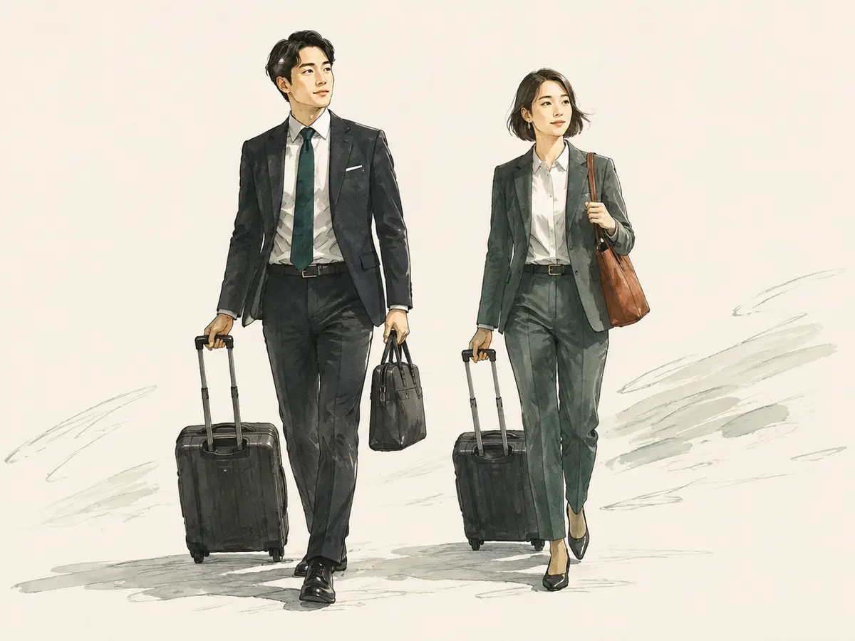 スーツ姿で出張する男性と女性のイラスト